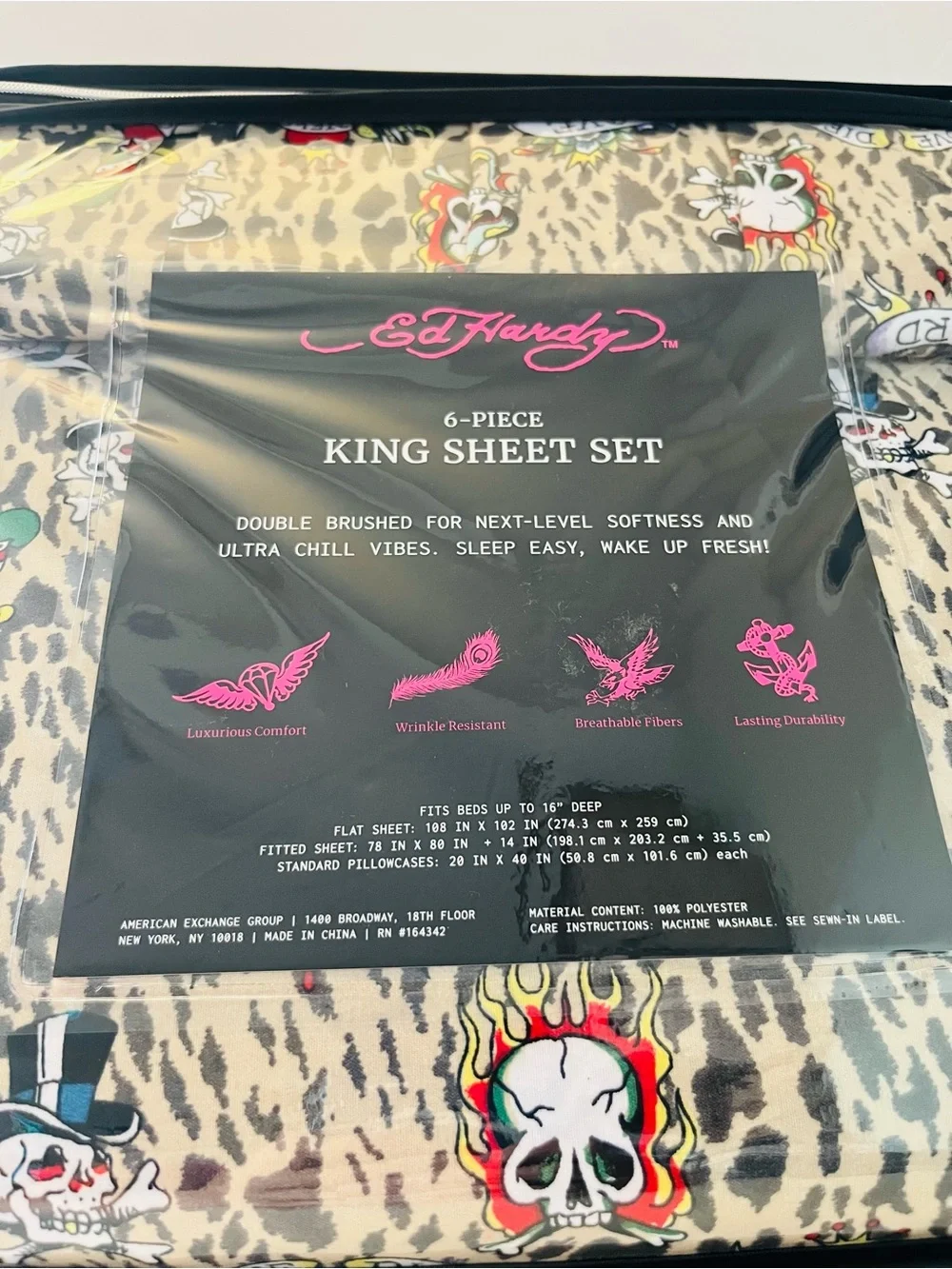 Ed Hardy 6 Piece King Size Sheet Set Tattoo You Leopard Print Skulls New York